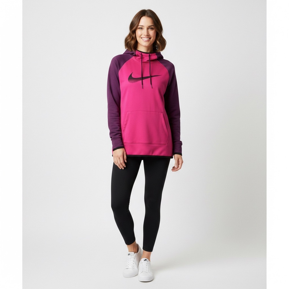 Nike Therma-Fit Pink, Purple Sleeve Black Hoodie, Thumb Holes, Stitched Swoosh